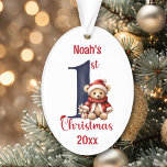 1er Noël mignon ours en peluche bébé garçon rouge<br><div class="desc">1er ornement de Noël pour un petit garçon avec joli ours en peluche de Noël avec chapeau de Père Noël et grand marine numéro un. Personnalisez facilement le texte. - Kate Eden Art</div>