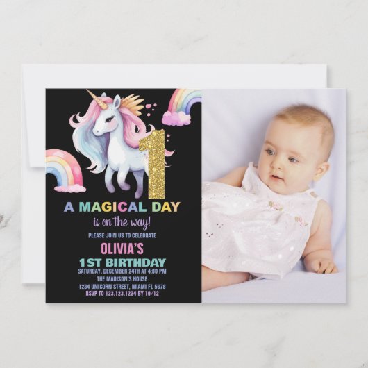 1er Rainbow Unicorn Anniversaire Invitations avec (Devant)