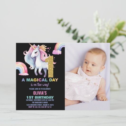 1er Rainbow Unicorn Anniversaire Invitations avec  (Debout devant)