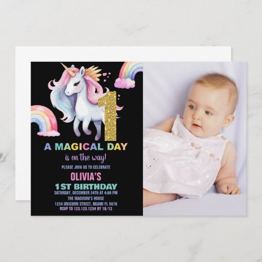 1er Rainbow Unicorn Anniversaire Invitations avec  (Devant / Derrière)