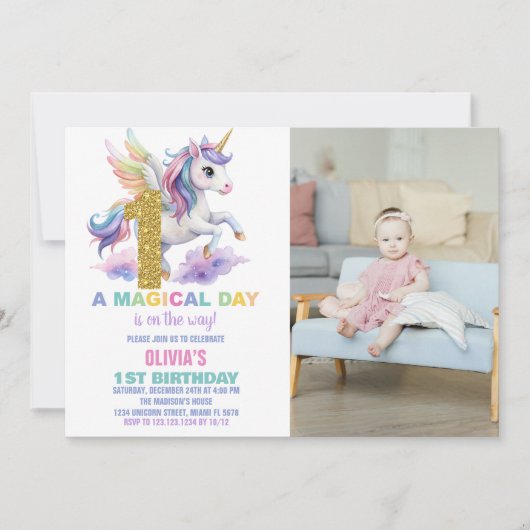 1er Rainbow Unicorn Anniversaire Invitations avec (Devant)