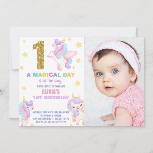 1er Rainbow Unicorn Anniversaire Invitations avec (Devant)