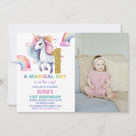 1er Rainbow Unicorn Anniversaire Invitations avec (Devant)