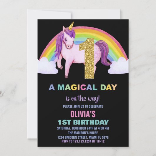 1er Rainbow Unicorn Birthday Invitations Parties s (Devant)
