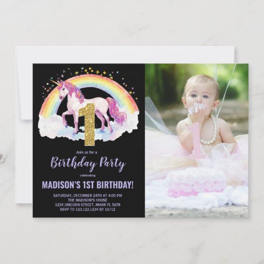 1er Rainbow Unicorn Birthday Invitations photo (Devant)