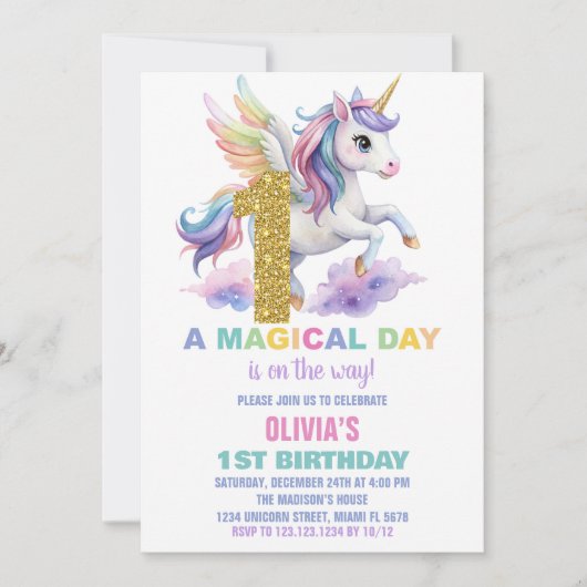 1er Rainbow Unicorn Invitations Anniversaire Vol (Devant)