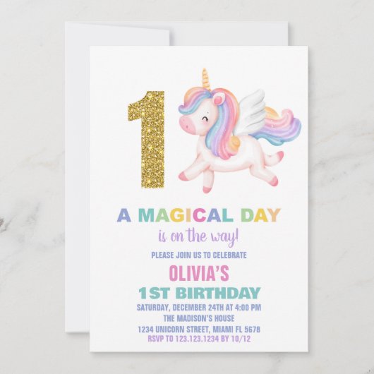 1er Rainbow Unicorn Invitations d'anniversaire (Devant)