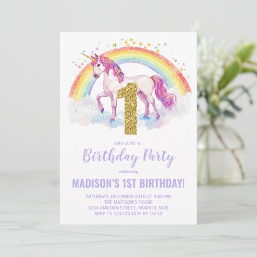 1er Rainbow Unicorn Invitations d'anniversaire (Debout devant)