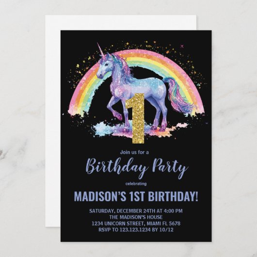 1er Rainbow Unicorn Invitations d'anniversaire (Devant / Derrière)