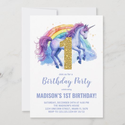 1er Rainbow Unicorn Invitations d'anniversaire (Devant)