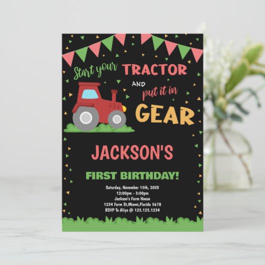 1er Red Flags Tractor Anniversaire Invitations (Debout devant)