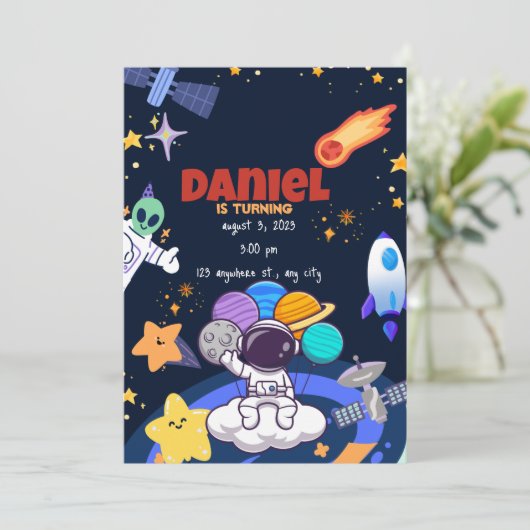 1er vol astronaute Rocket Anniversaire Invitation (Debout devant)