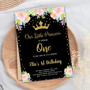 1ère Black Floral Princess Invitation Anniversaire