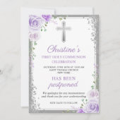 1ère communion florale pourpre Faire-part reportée (Devant)