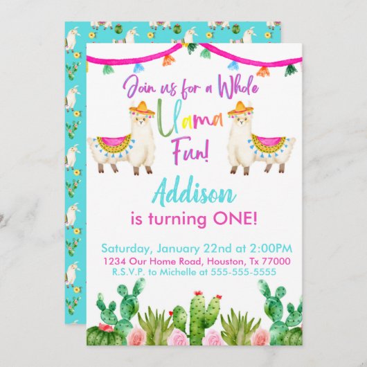 1ère Fiesta Tout Llama Amusant Invitation Annivers (Devant / Derrière)