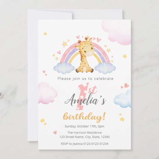 1ère Invitation d'anniversaire - Cute Giraffe et R (Devant)