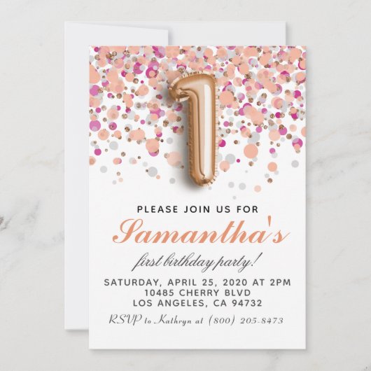 1ère Invitation d'anniversaire Rose Gold (Devant)