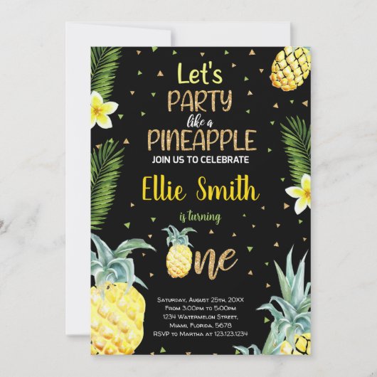 1ère Invitations d'anniversaire d'ananas noir (Devant)