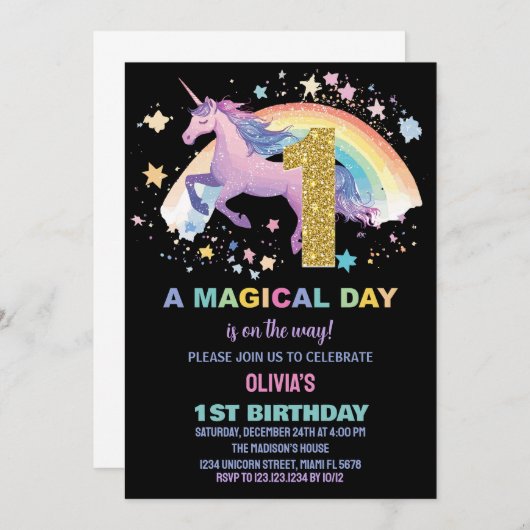 1ère Unicorn Invitations d'anniversaire (Devant / Derrière)