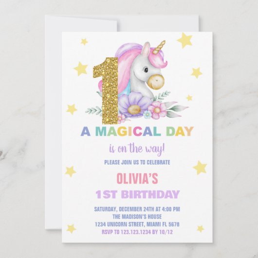 1ère Unicorne Florale Invitations d'anniversaire (Devant)