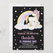 1ère Unicorne noire florale Invitations d'annivers (Devant)