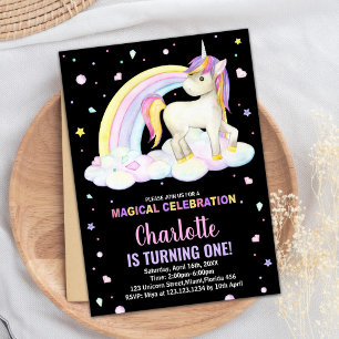 1ère Unicorne noire florale Invitations d'annivers