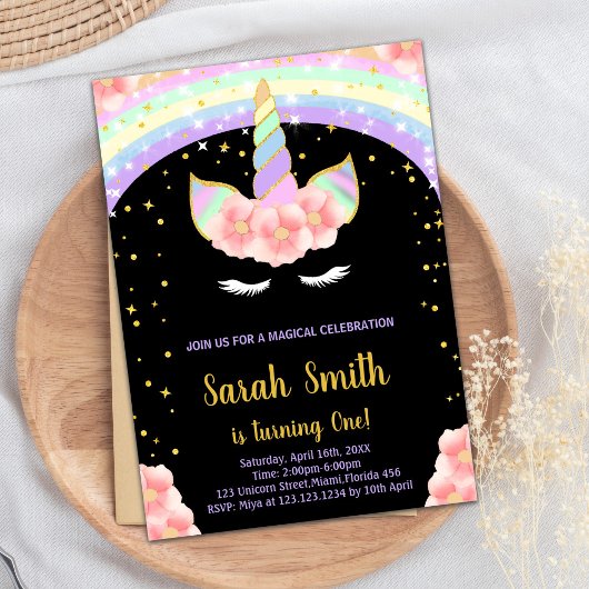 1ère Unicorne rose Invitations d'anniversaire