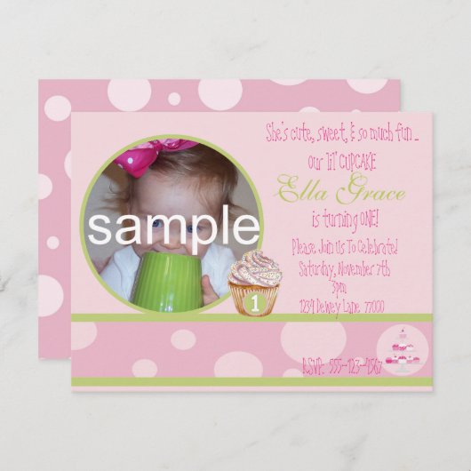 1re Invitation Cupcake d'anniversaire - rose&vert (Devant / Derrière)