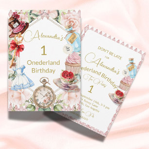 1st Birthday Alice In Wonderland Pink Floral Kaart