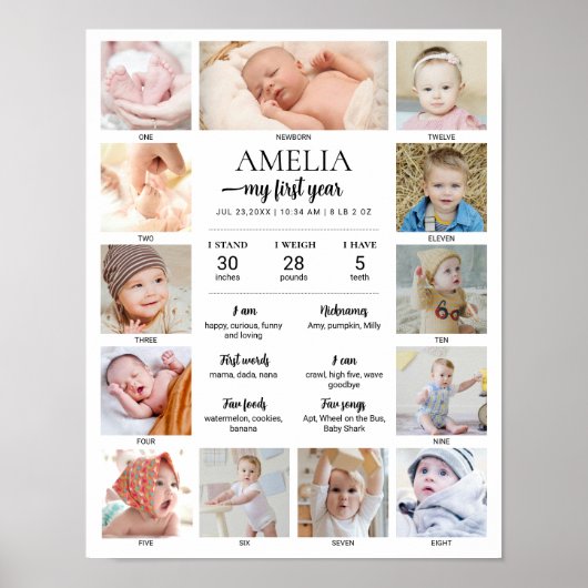1st Birthday Baby Milestone Custom Photo Collage Poster (Voorkant)