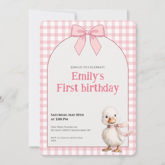 1st Birthday Invitation Gingham Duck Theme Kaart (Devant)