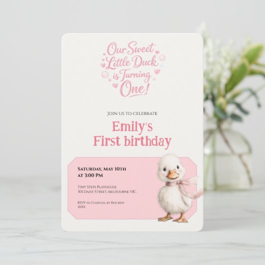 1st Birthday Invitation Gingham Duck Theme Kaart (Debout devant)