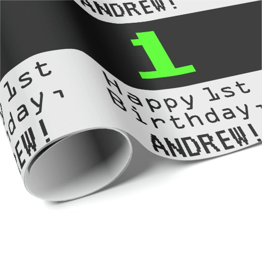 1st Birthday - Nerdy / Geeky Style "1" en Naam Cadeaupapier (Rol Hoek)