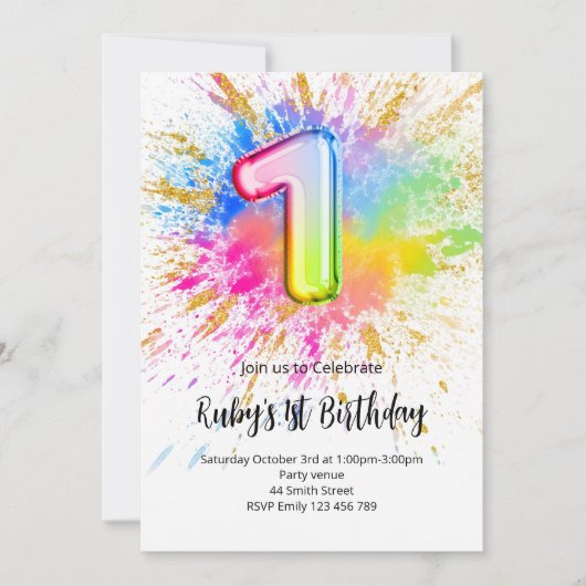 1st Birthday Rainbow Paint Splash Invitation (Devant)