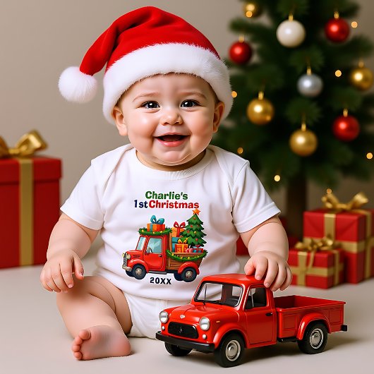 1st Christmas, cown text, Tree Haulin’ & Gift Ball Romper