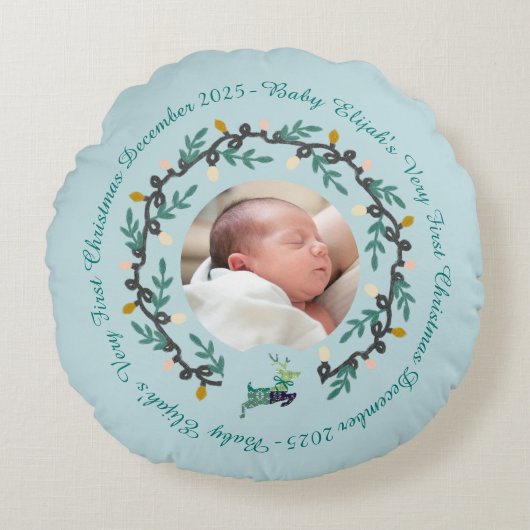 1st Christmas Deer with Wreath Teal Rond Kussen (Voorkant)