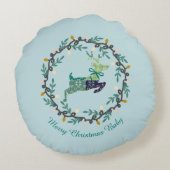 1st Christmas Deer with Wreath Teal Rond Kussen (Achterkant)
