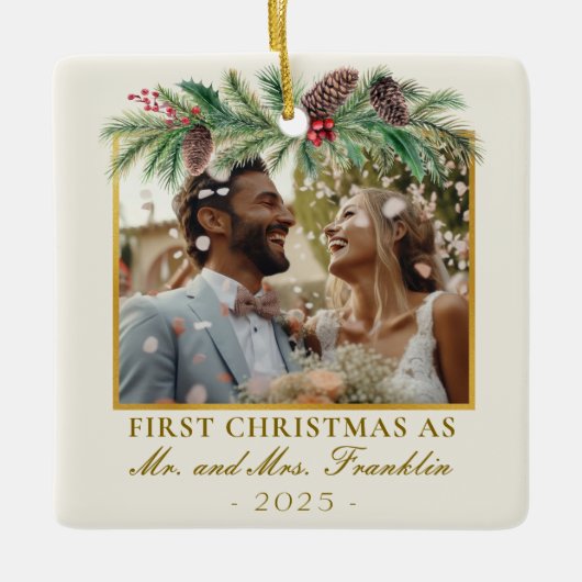 1st Christmas Getrouwd Feestelijke Foto Keramisch Ornament (Voorkant)