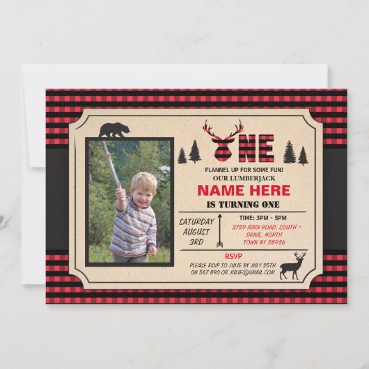 1st Lumberjack One Birthday nodigt Check Invite ui Kaart (Voorkant)