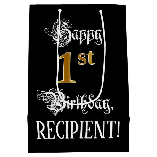 1st verjaardag ~ Fancy Manuscript; Faux Gold Kijk; Medium Cadeauzakje (Achterkant)