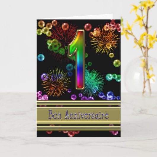 1st verjaardag met vuurwerk en bellen kaart (Gele Bloem)