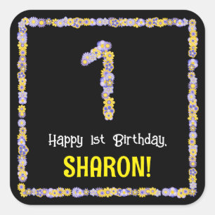 1ste verjaardag: Floral Flowers Number, Custom Nam Vierkante Sticker