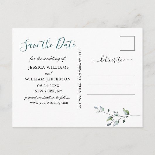 1Waterverf Eucalyptus FOTO Bruiloft Save the Date Aankondigingskaart (Achterkant)