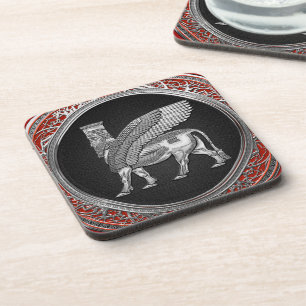 [200] Assyrian Winged Bull - Silver Lamassu Bier Onderzetter