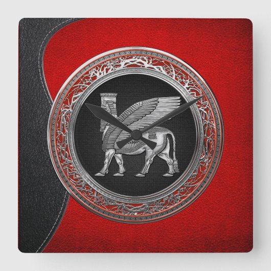 [200] Assyrian Winged Bull - Silver Lamassu Vierkante Klok (Voorkant)