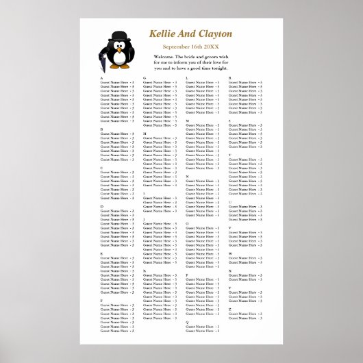 200 Funny Penguin Greeter Wedding Seating Chart Poster (Voorkant)