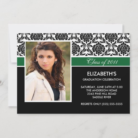 2011 Black Damask Photo Afstuderen Invitation Kaart (Voorkant)