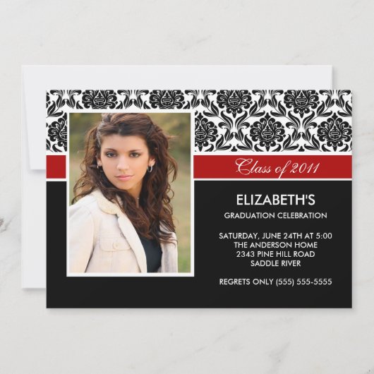 2011 Black Damask Photo Afstuderen Invitation Red Kaart (Voorkant)