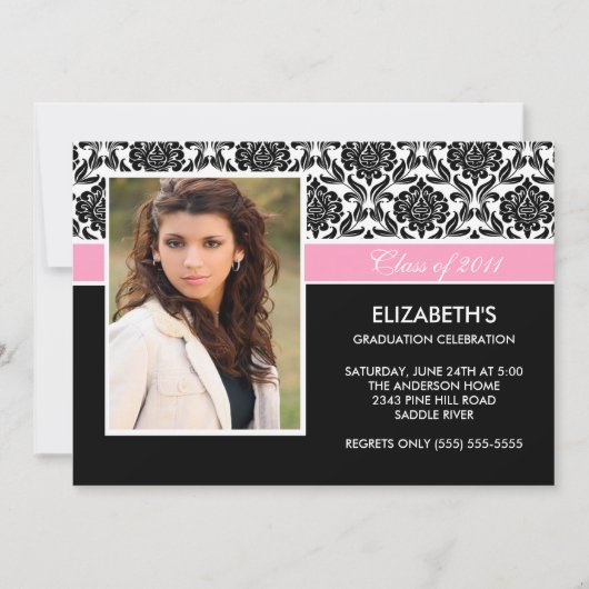 2011 Black Damask Photo Afstuderen Invitation roze Kaart (Voorkant)
