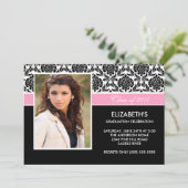 2011 Black Damask Photo Afstuderen Invitation roze Kaart (Staand voorkant)